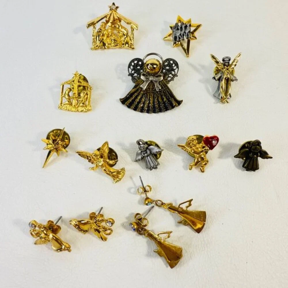 Angel Religious‎ Pin Brooch Earrings Lot Gold-Tone Avon JJ Jonette
